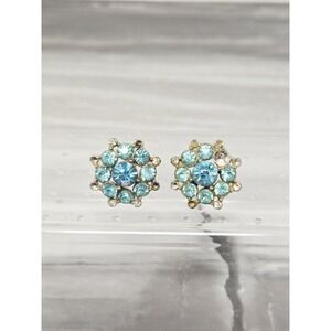 Vintage Cluster Rhinestone Clip On Earrings Aqau Blue Beautiful! 1950's Glamour